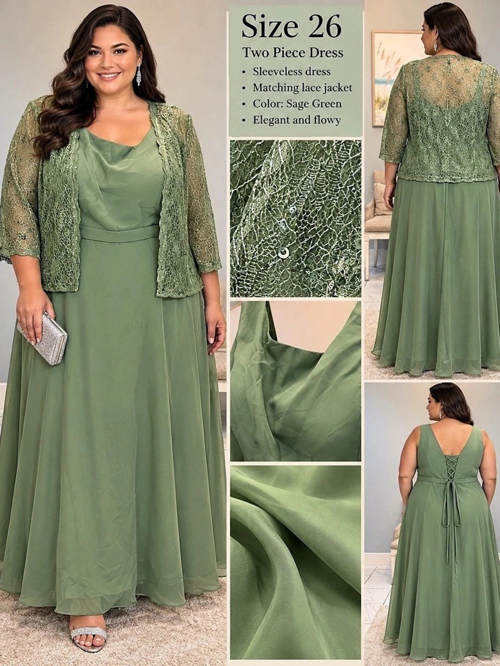 Green Maxi Two-Piece Dress Size 26